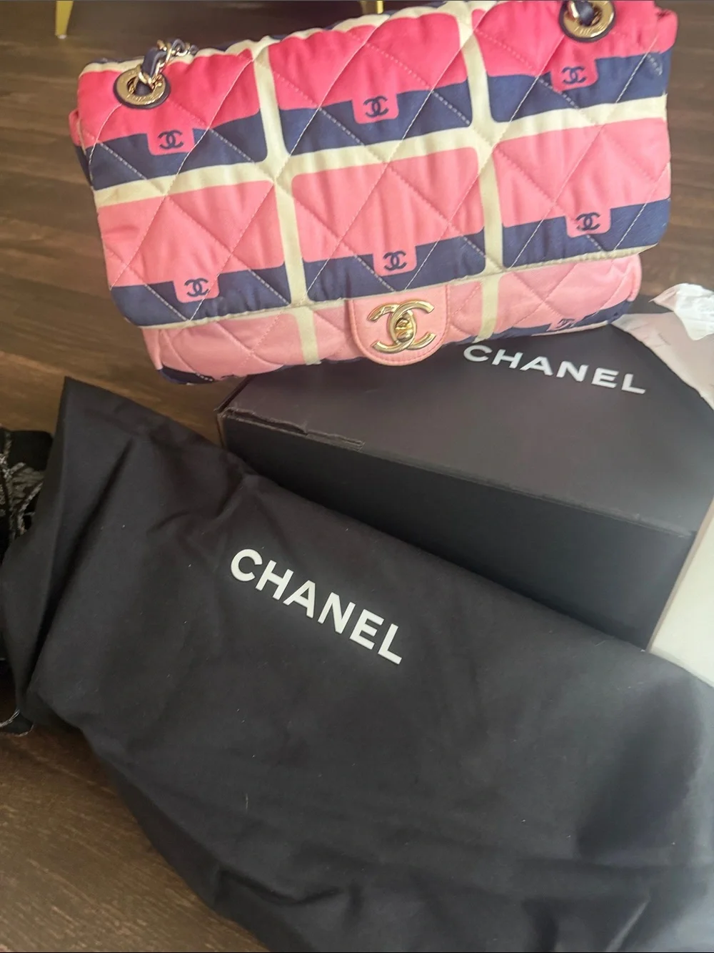 CHANEL Pink Quilted Shoulder Bag with Navy and Cream Grid